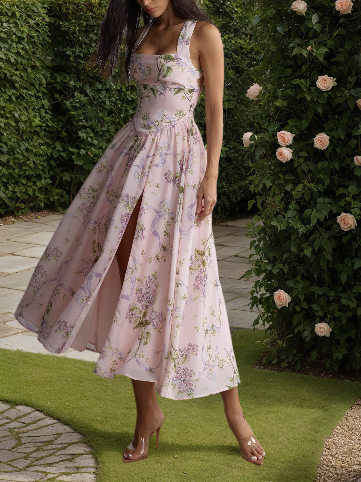 Pink Floral Print Open Back Midi Dress