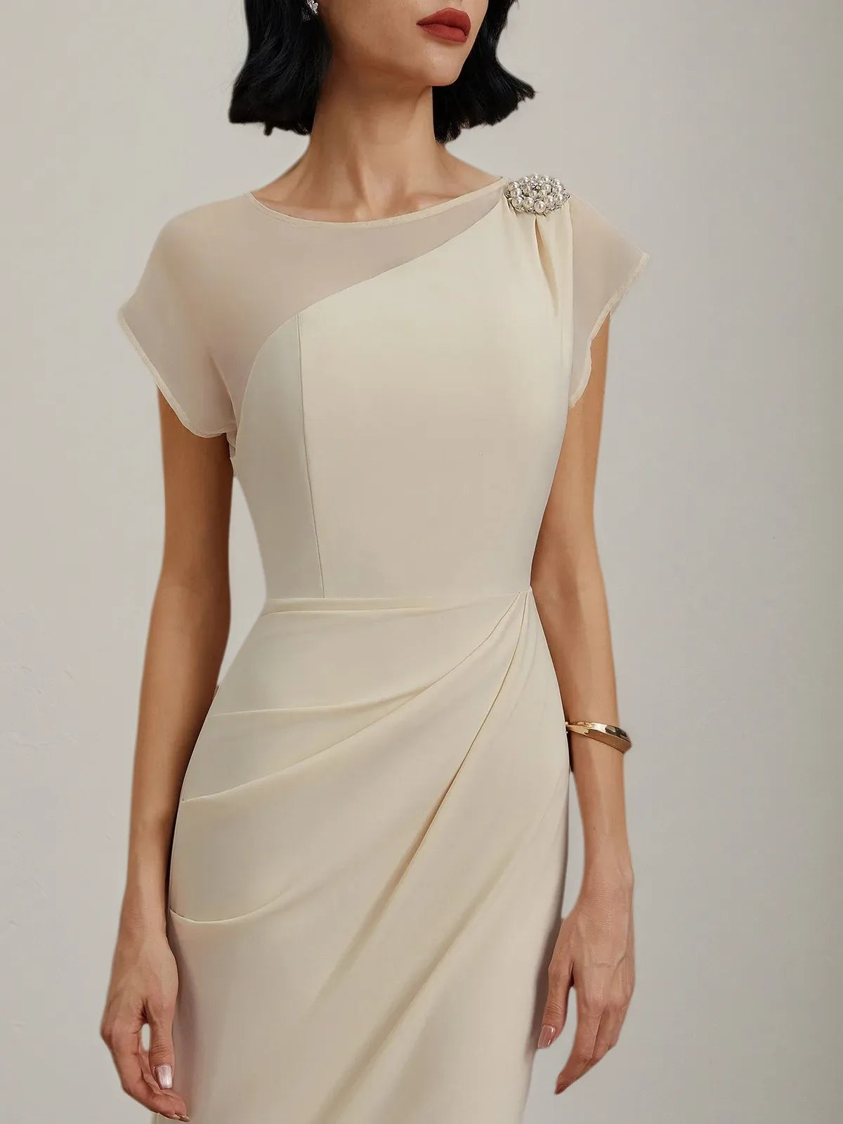 White Imitation Pearls Satin Boat Neck Cap Sleeve Sheath Midi Dress