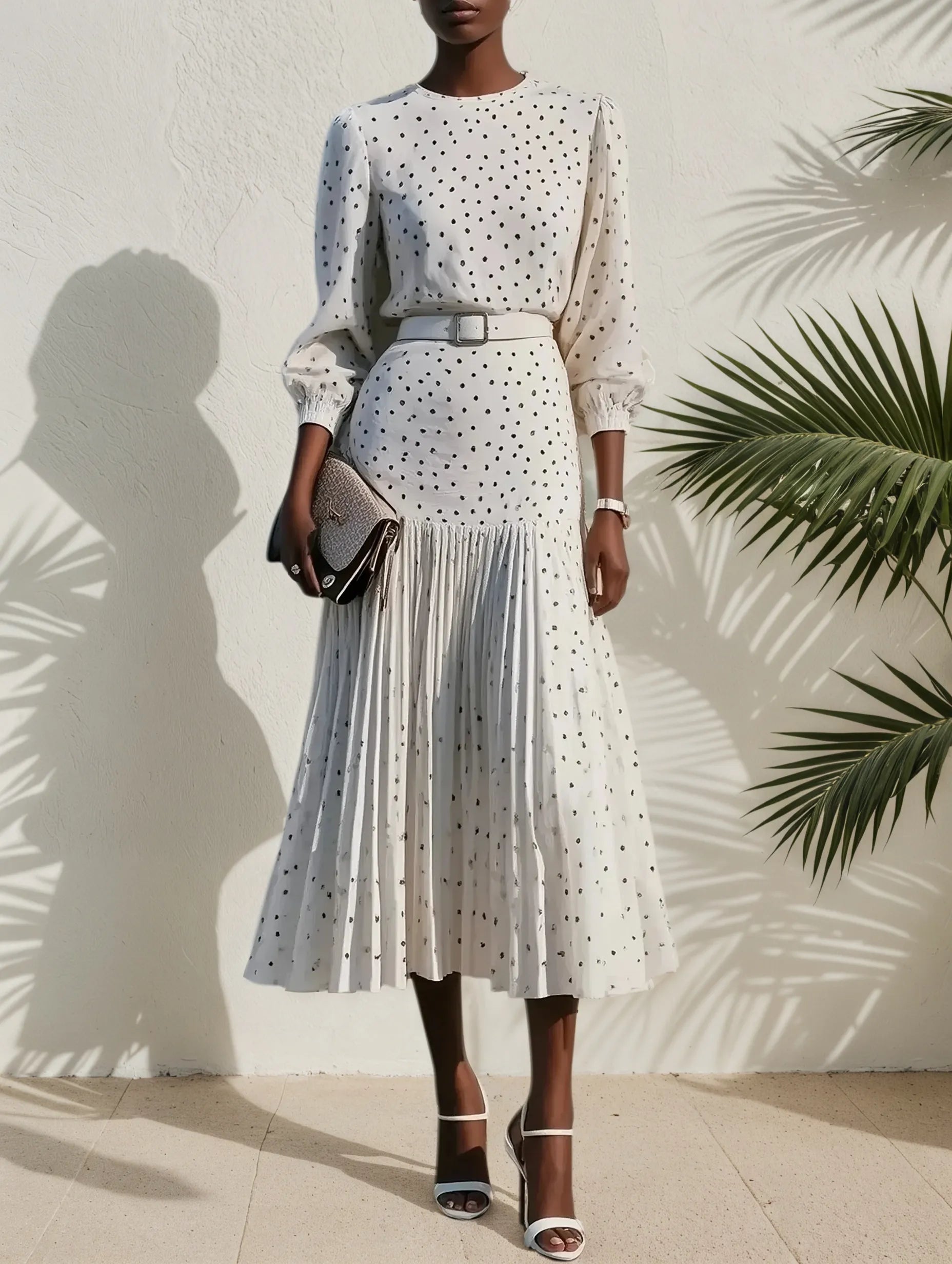 White Pleated Polka Dots Classic Crew Neck Long Balloon Sleeve A-Line Midi Dress