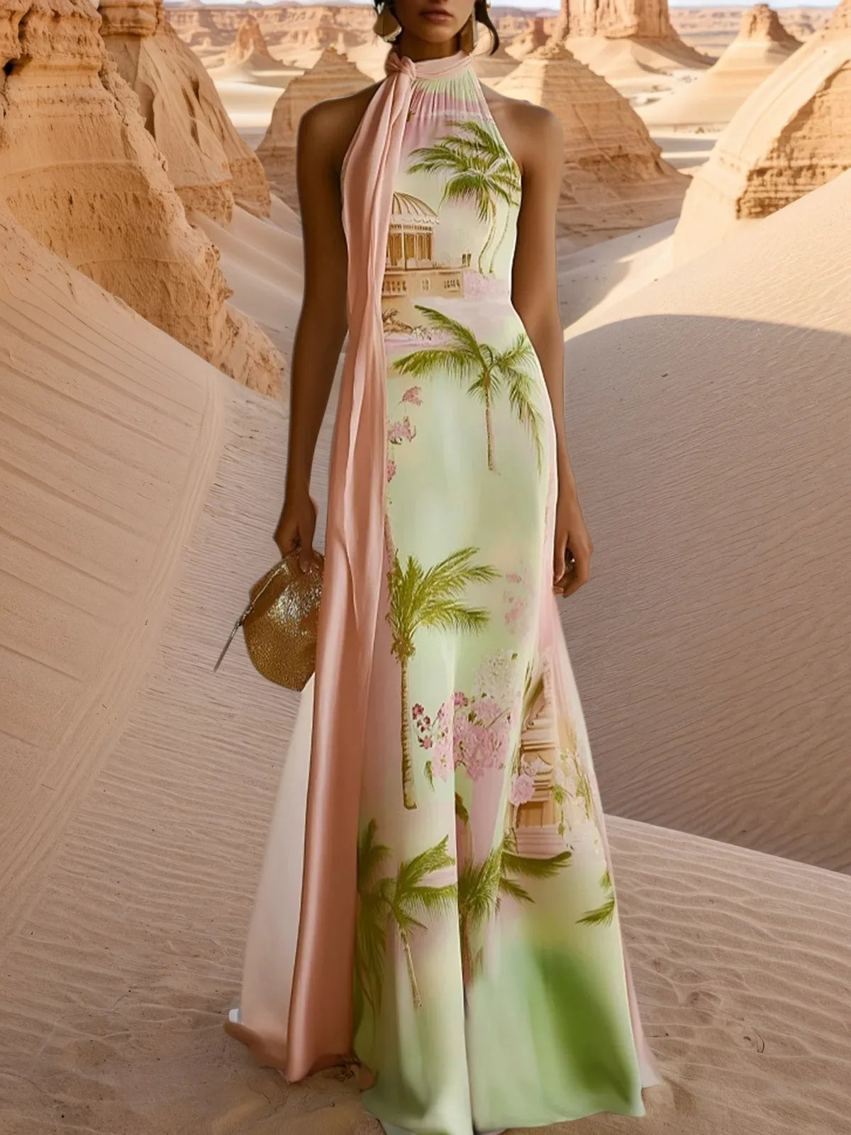 Green Floral Classic Crew Neck Sleeveless A-Line Gown Dress