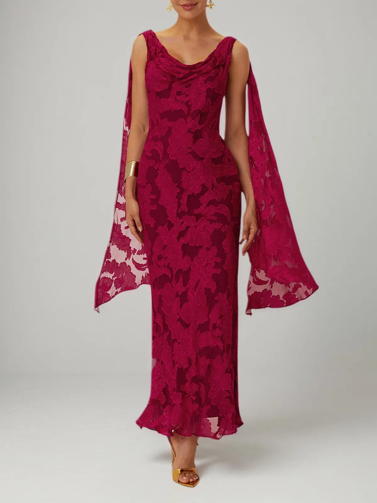 Red Jacquard Chiffon Cowl Neck Sleeveless Sheath Maxi Dress
