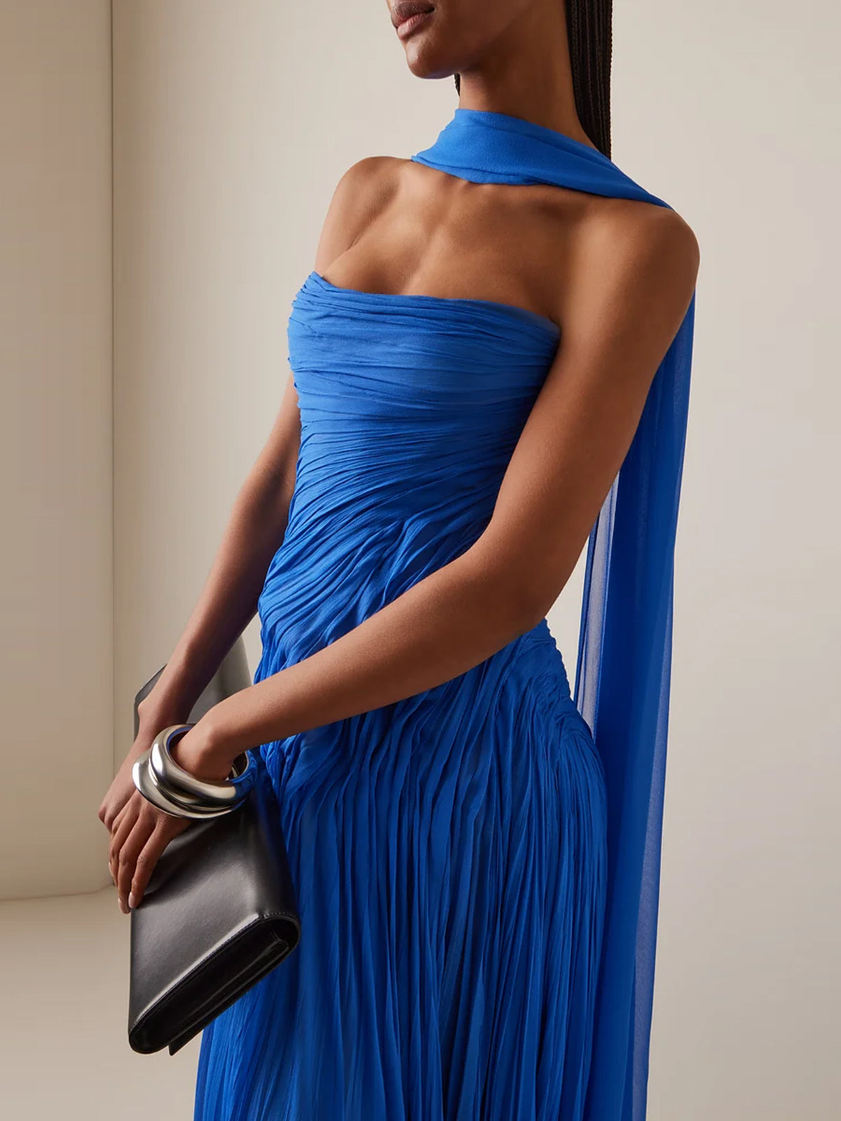 Blue Chiffon A Line Off The Shoulder Sleeveless Floor Length Pleated Dress