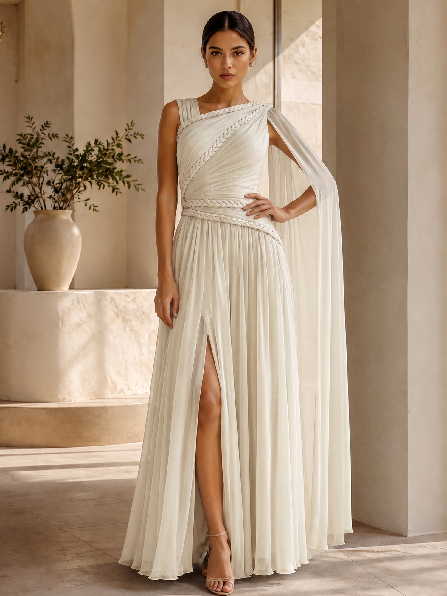 Grecian Goddess One-Shoulder Pleated Chiffon Evening Gown with Braided Detailing