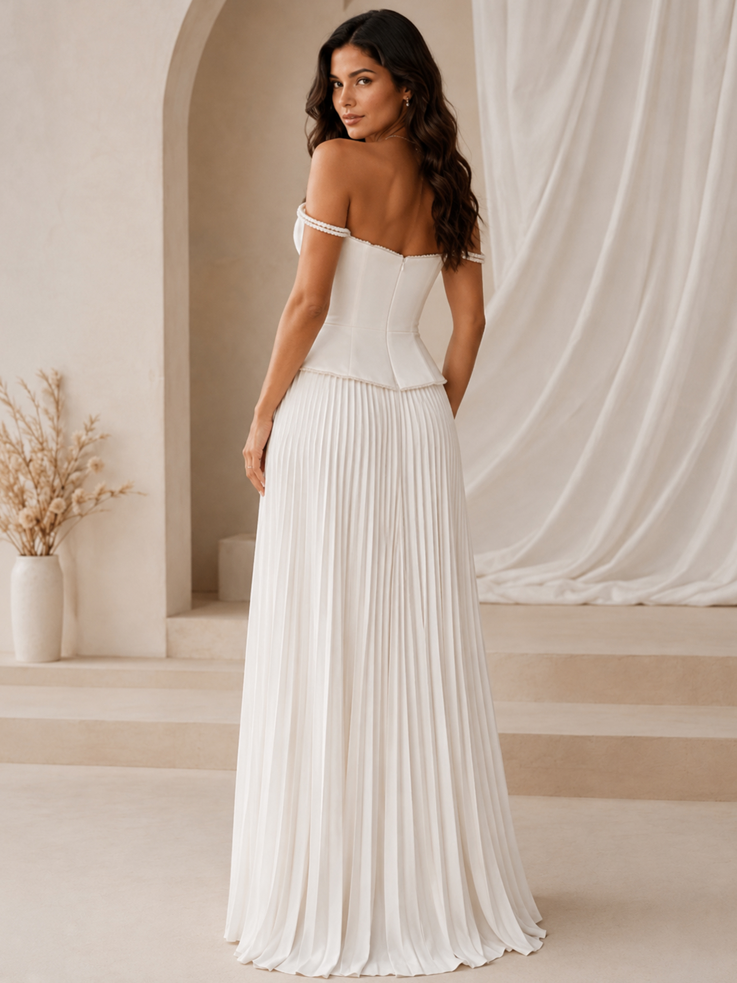 Off-Shoulder Beaded Peplum Pleated Evening Gown