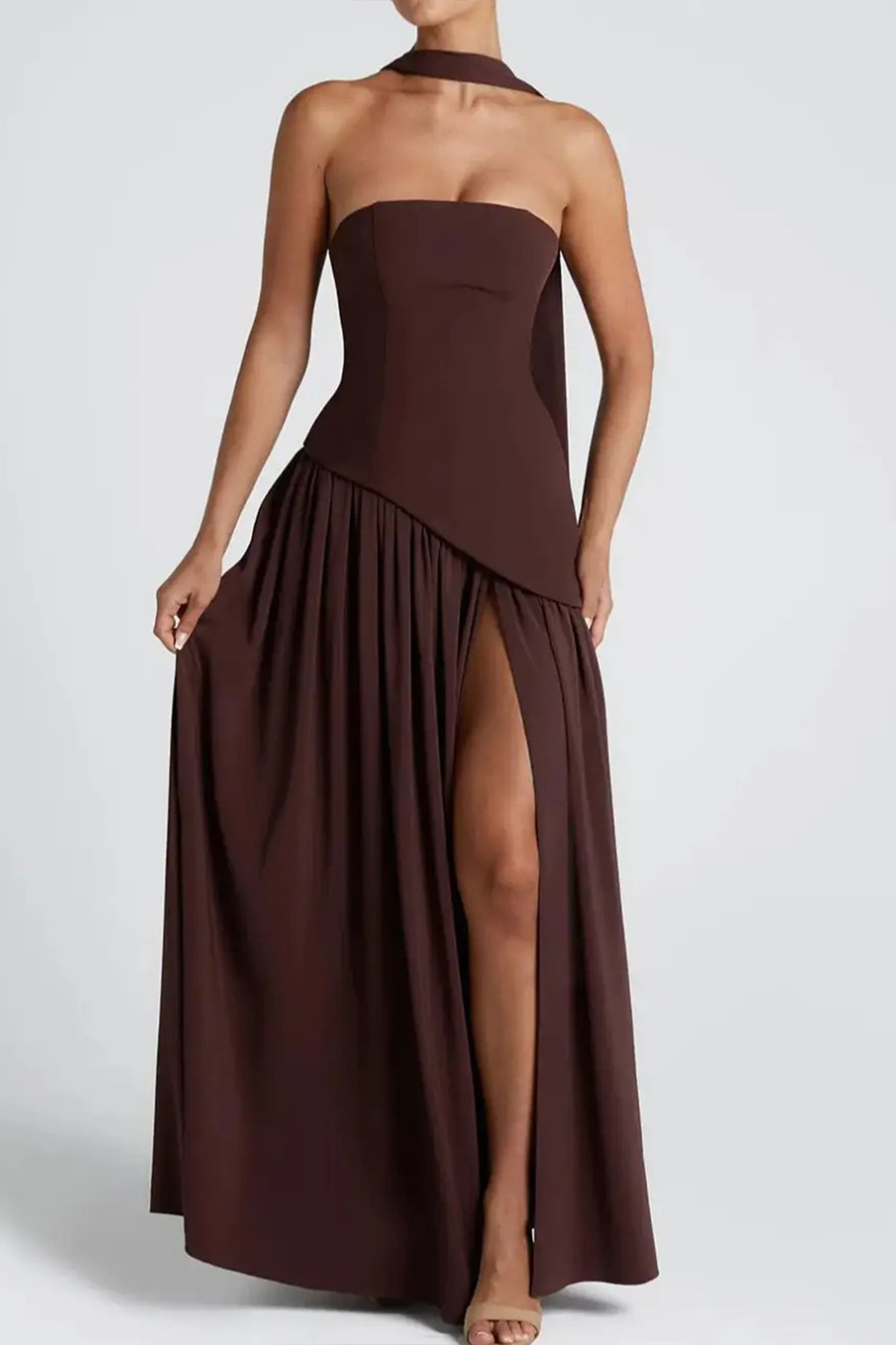 Strapless Slit Ribbon Maxi Dress