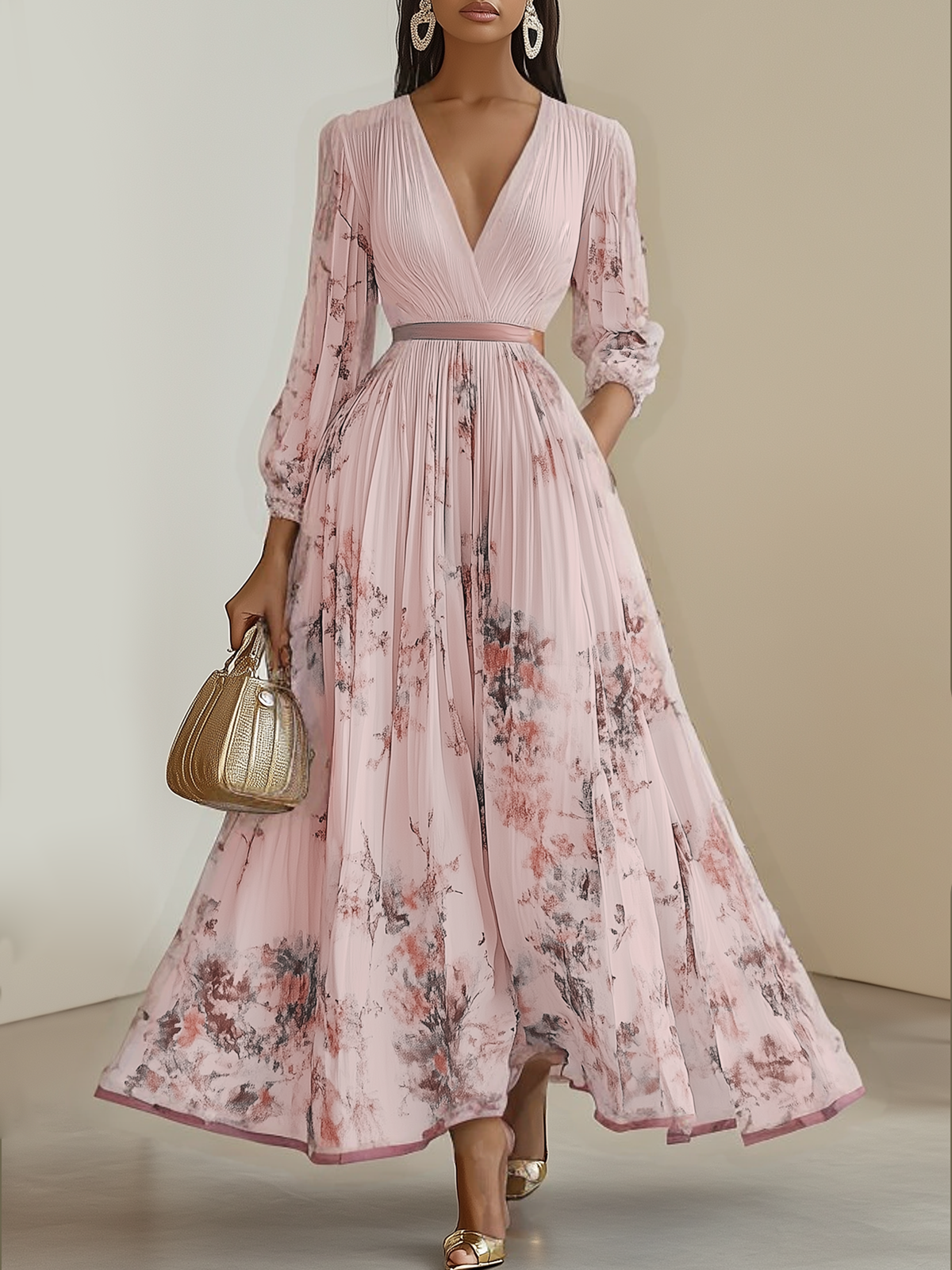 White Pleated Chiffon V Neck Floral Long Sleeve Balloon Sleeve A-Line Maxi Dress