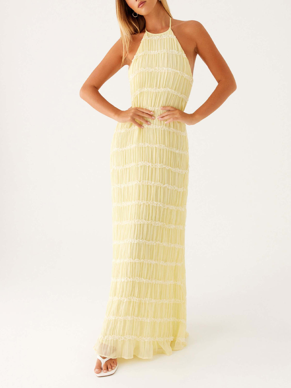 Ivory Backless Sleeveless Halter Neck Maxi Dress
