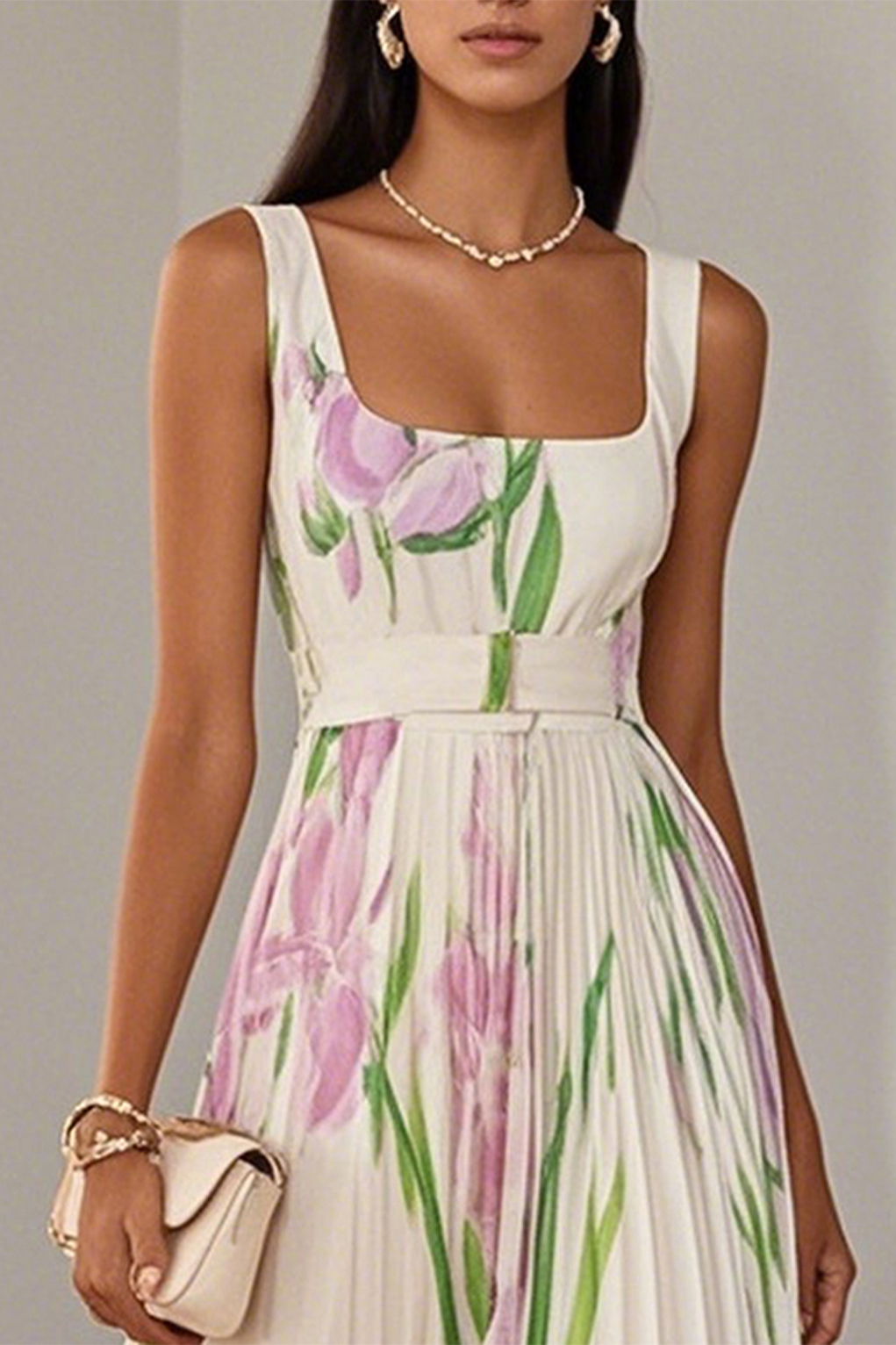 White Pleated Floral Chiffon Square Neck Sleeveless A-Line Maxi Dress