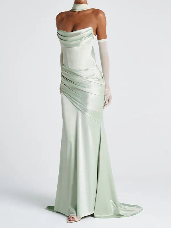 Elegant Mint Green Off-the-Shoulder Pleated Maxi Dress