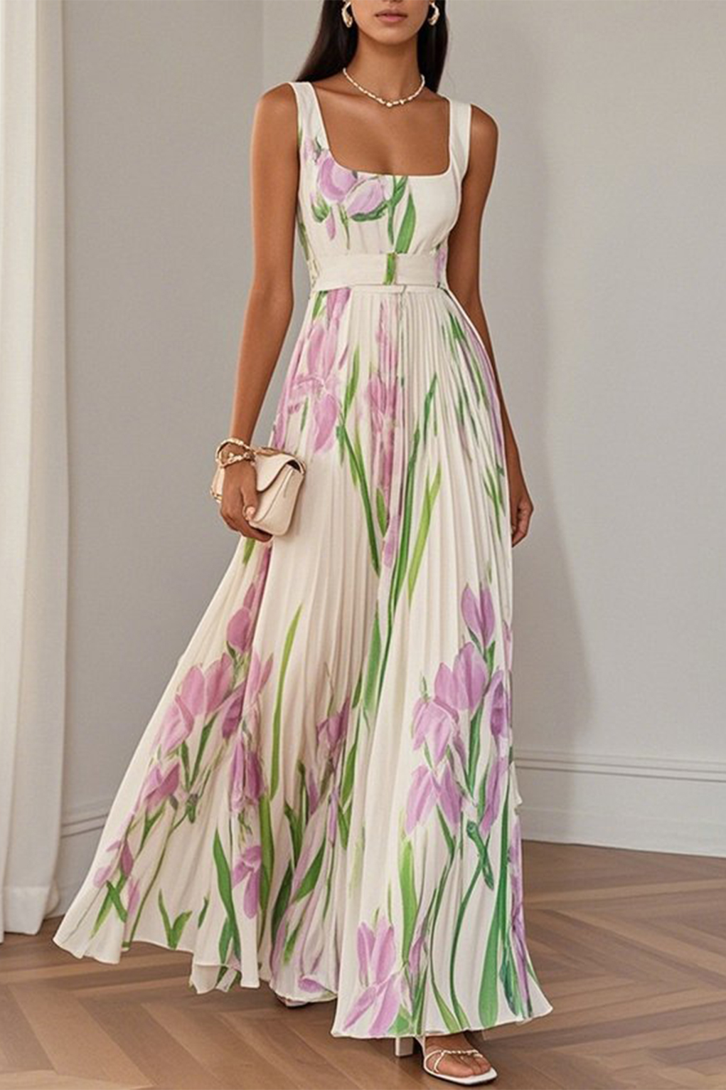 White Pleated Floral Chiffon Square Neck Sleeveless A-Line Maxi Dress