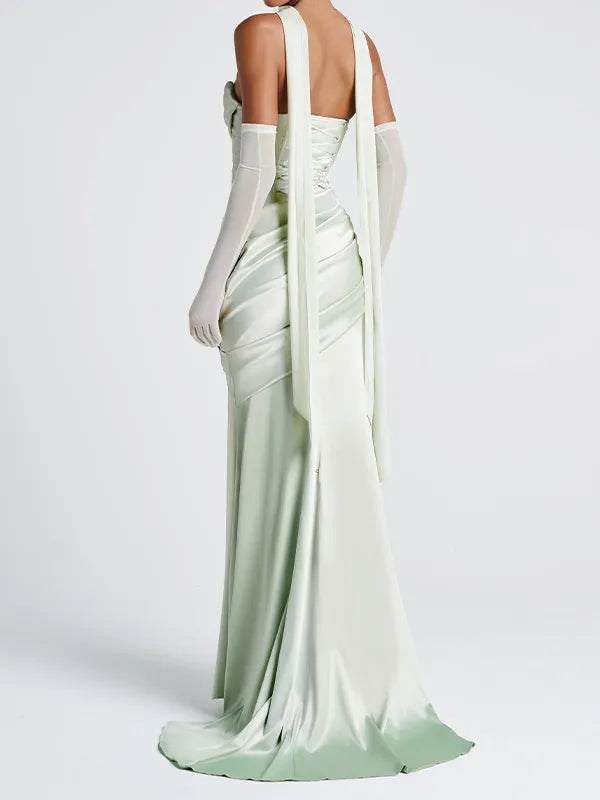 Elegant Mint Green Off-the-Shoulder Pleated Maxi Dress