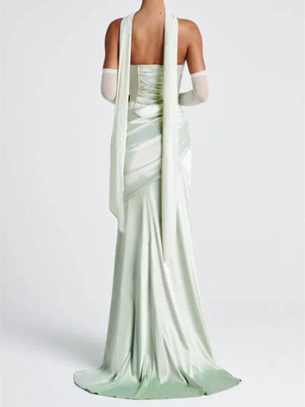 Elegant Mint Green Off-the-Shoulder Pleated Maxi Dress