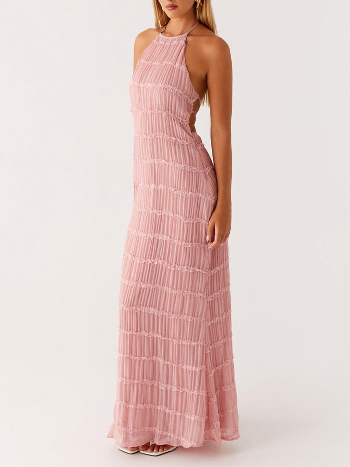 Ivory Backless Sleeveless Halter Neck Maxi Dress