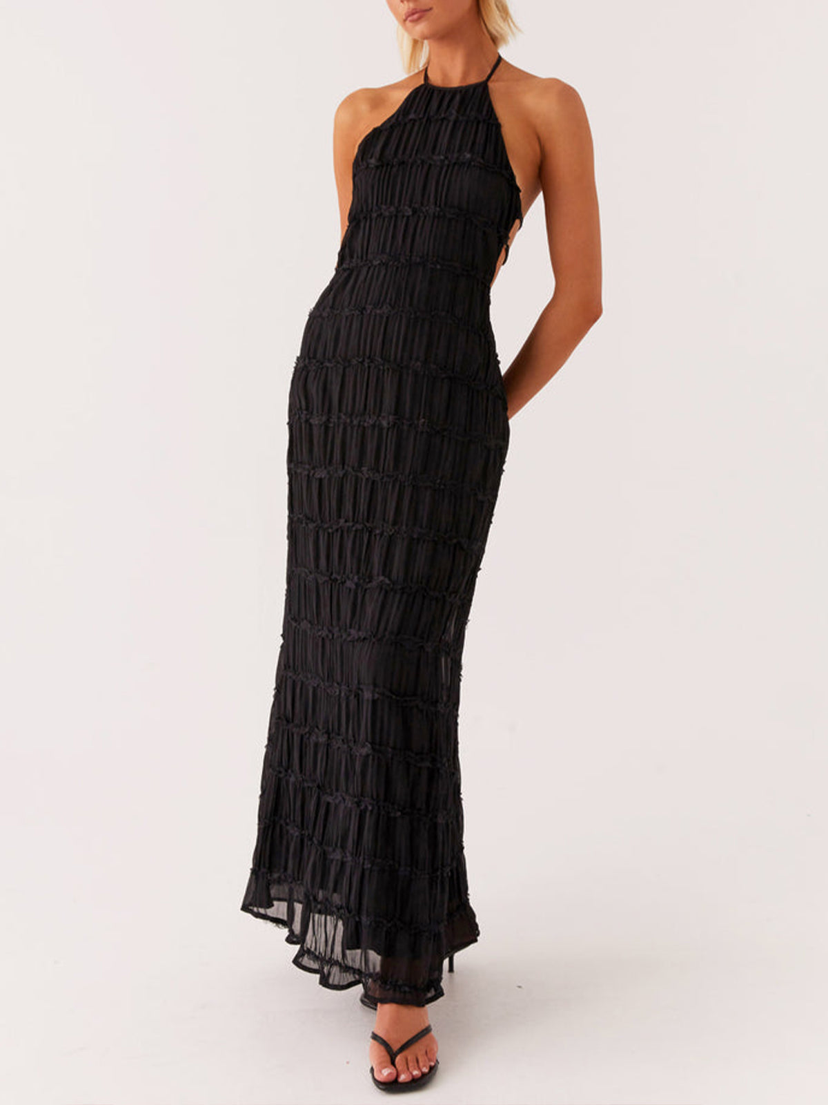 Ivory Backless Sleeveless Halter Neck Maxi Dress