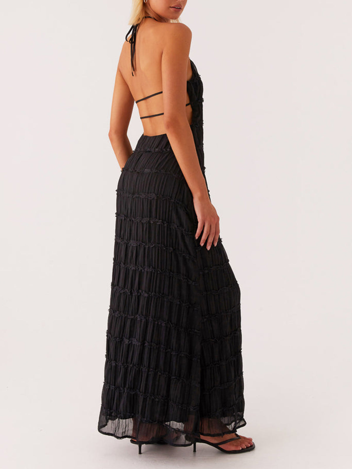 Ivory Backless Sleeveless Halter Neck Maxi Dress