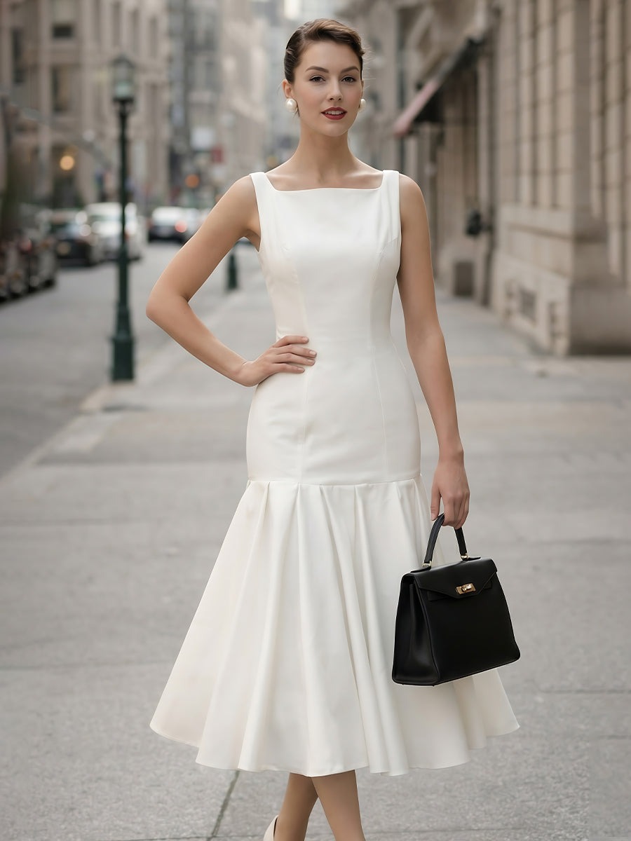 White Square-Neck Fitted Midi Dress With Flared Hem