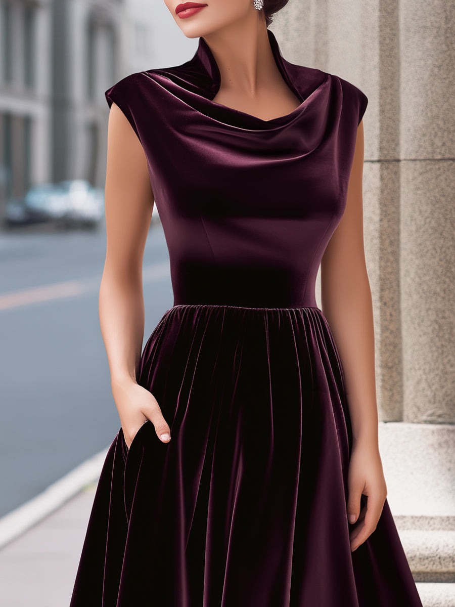 Burgundy Velvet Boat-Neck Sleeveless A-Line Evening Gown