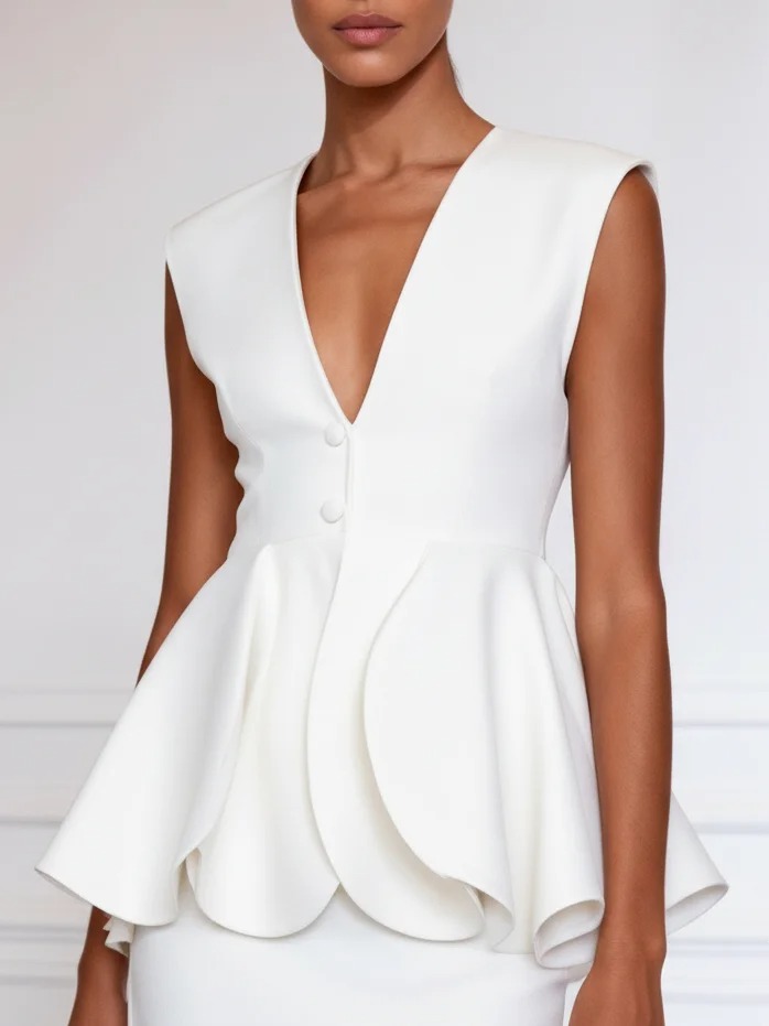 Women White Irregular Craftsmanship V Neck Sleeveless Dressy Coat With Skirt Two-Piece Set