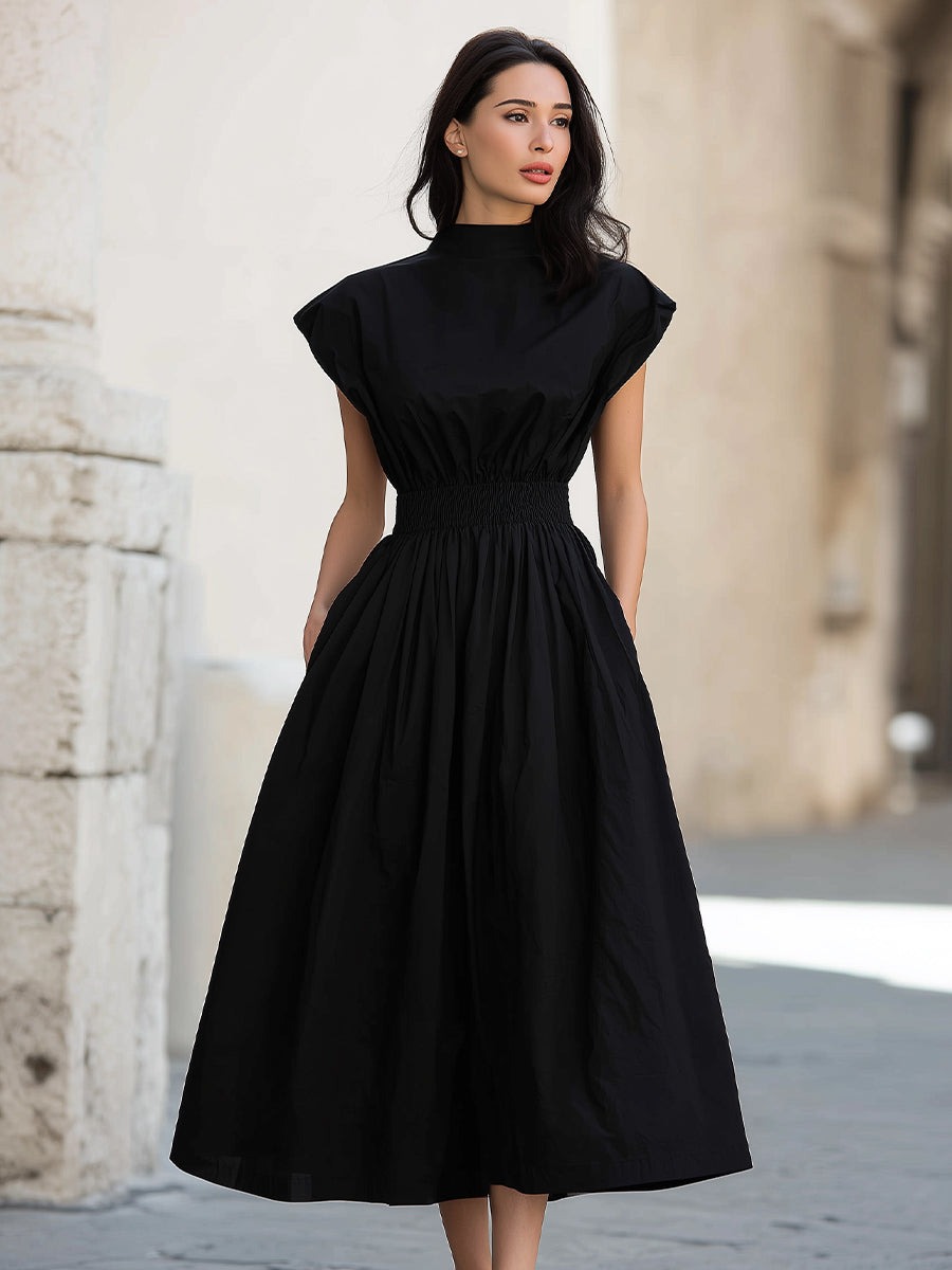 Black High Neck Smocked Waist Midi Dress