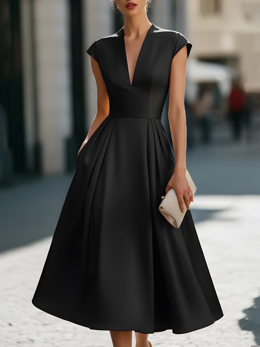 Black Cap-Sleeve Deep V-Neck Pleated Midi Dress