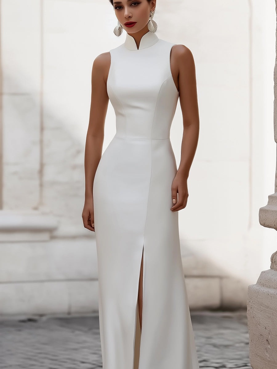 White Satin High-Neck Sleeveless Front-Slit Maxi Dress