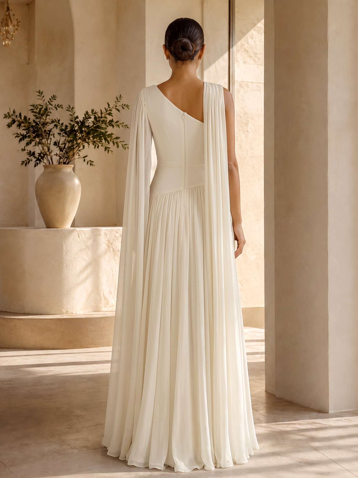 Grecian Goddess One-Shoulder Pleated Chiffon Evening Gown with Braided Detailing