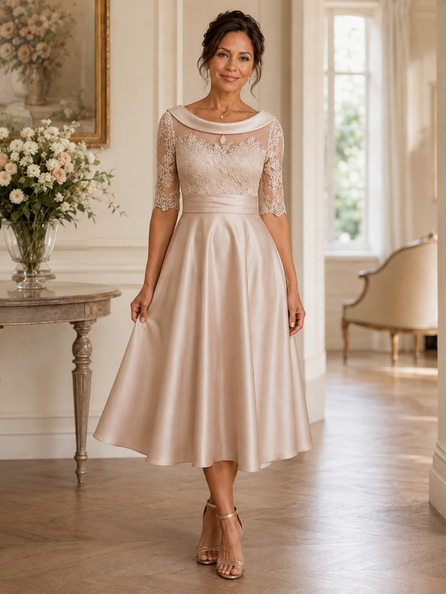 Cowl Neck Lace Applique Midi Evening Dress