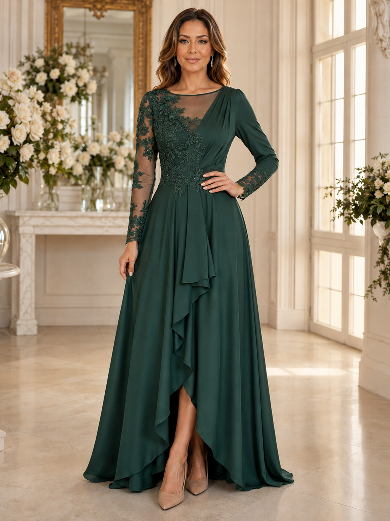 Sheer Illusion Long Sleeve Lace Applique High Slit Evening Gown
