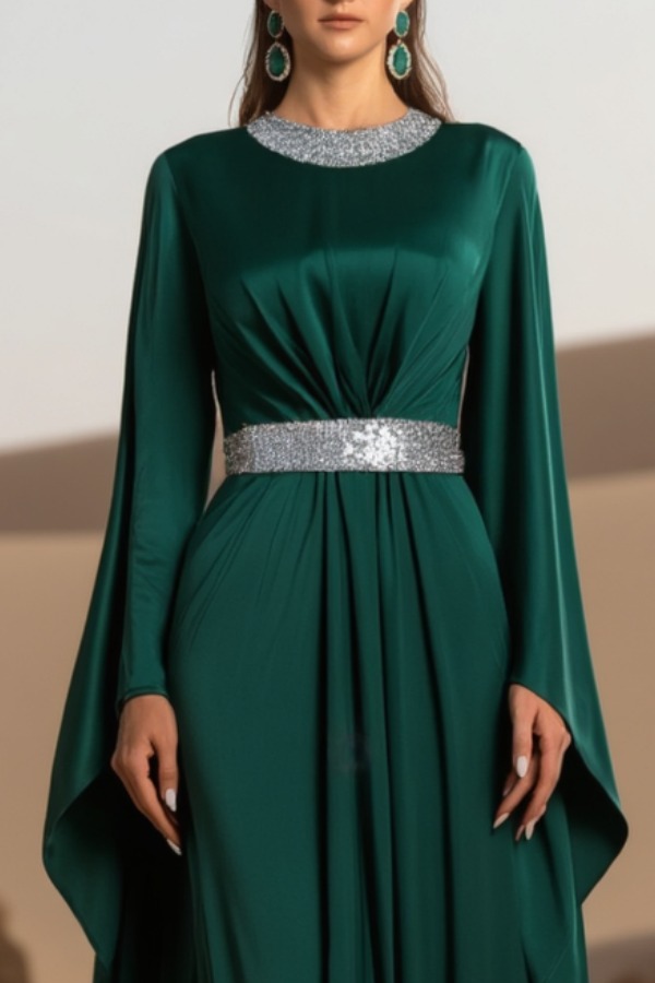 Evening Dress Green Crew Neck Belted Maxi Mother of the Bride Dress