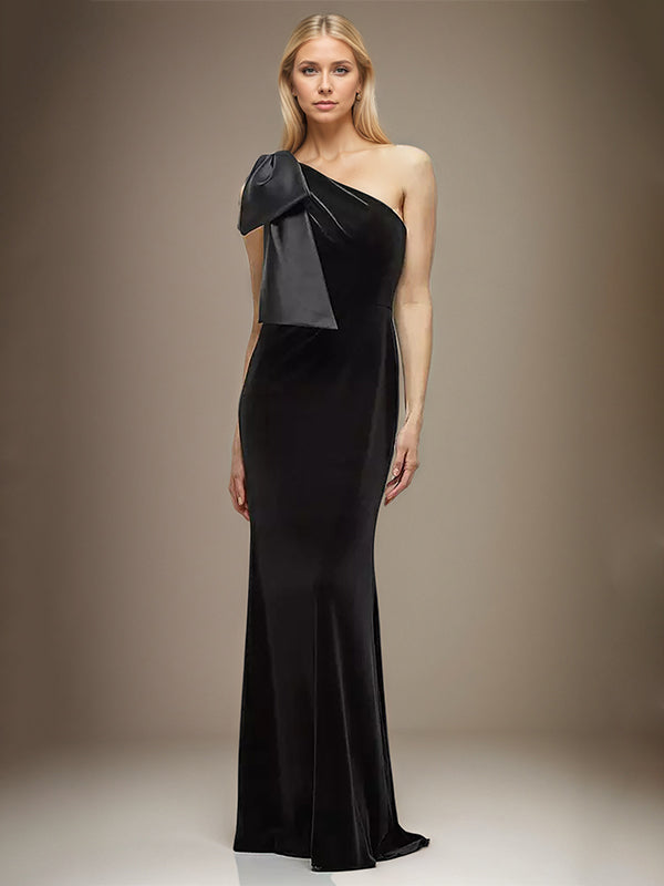 Stretch Crepe Sheath/Column One Shoulder Sleeveless Floor Length Dress With Bow
