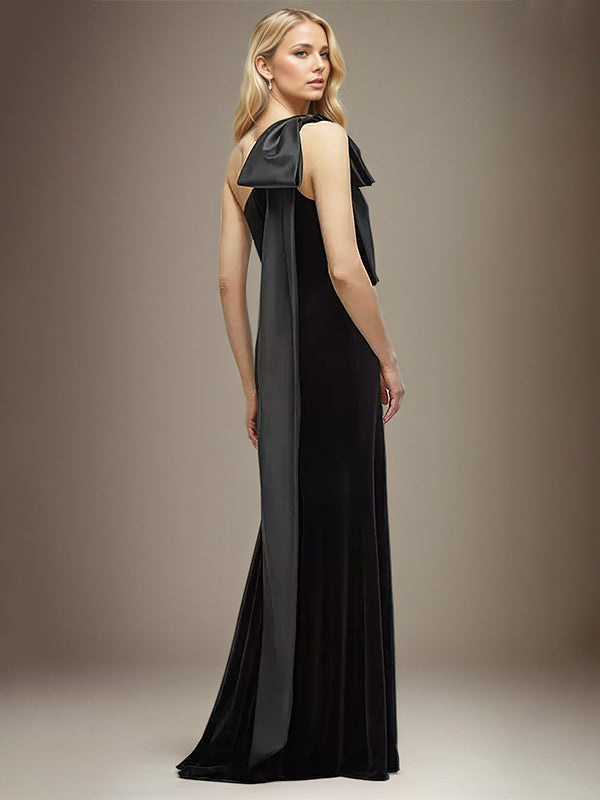 Stretch Crepe Sheath/Column One Shoulder Sleeveless Floor Length Dress With Bow