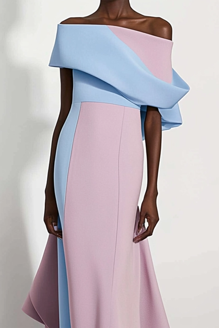 Formal Evening Dress Blue Pink Off The Shoulder Maxi Gown