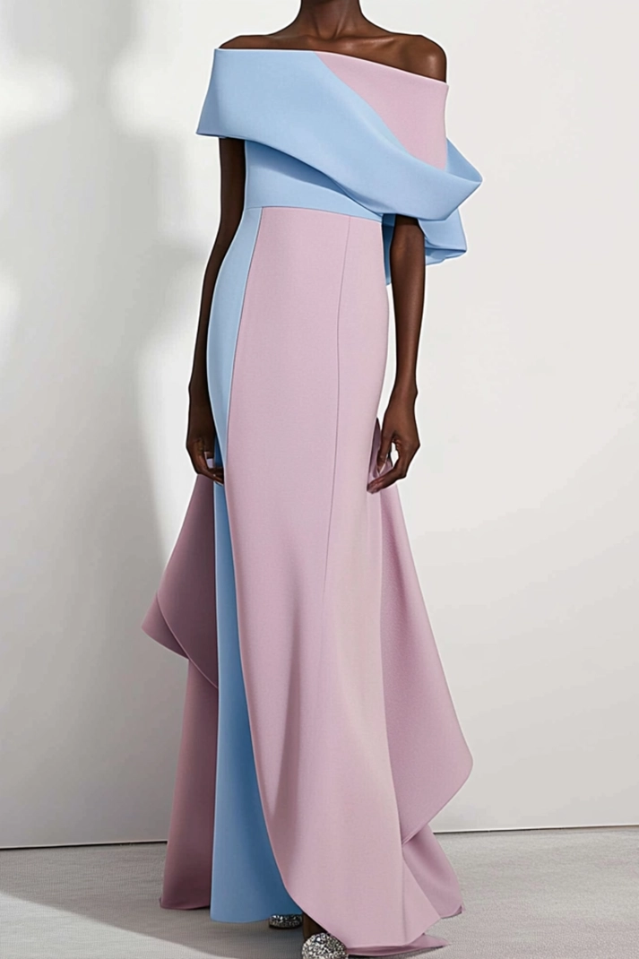 Formal Evening Dress Blue Pink Off The Shoulder Maxi Gown