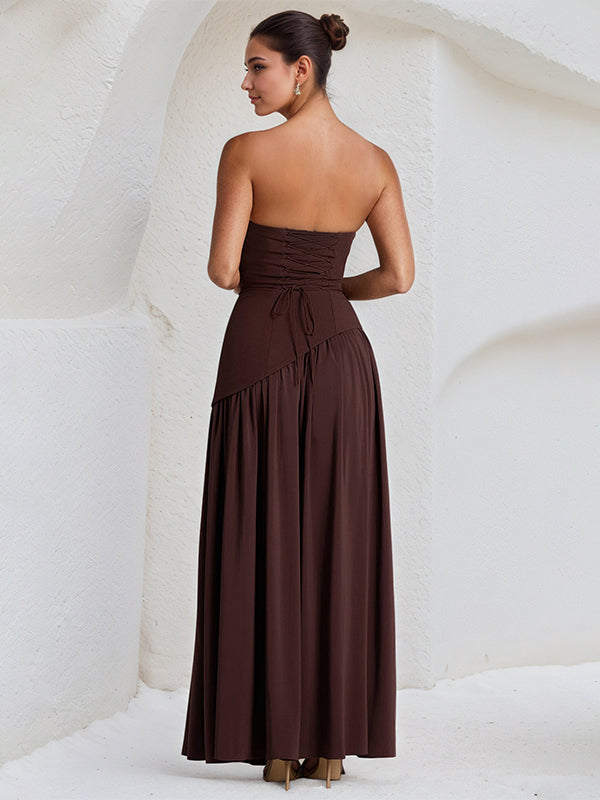 Elegant Mint Green Strapless Pleated Maxi Dress With Slit