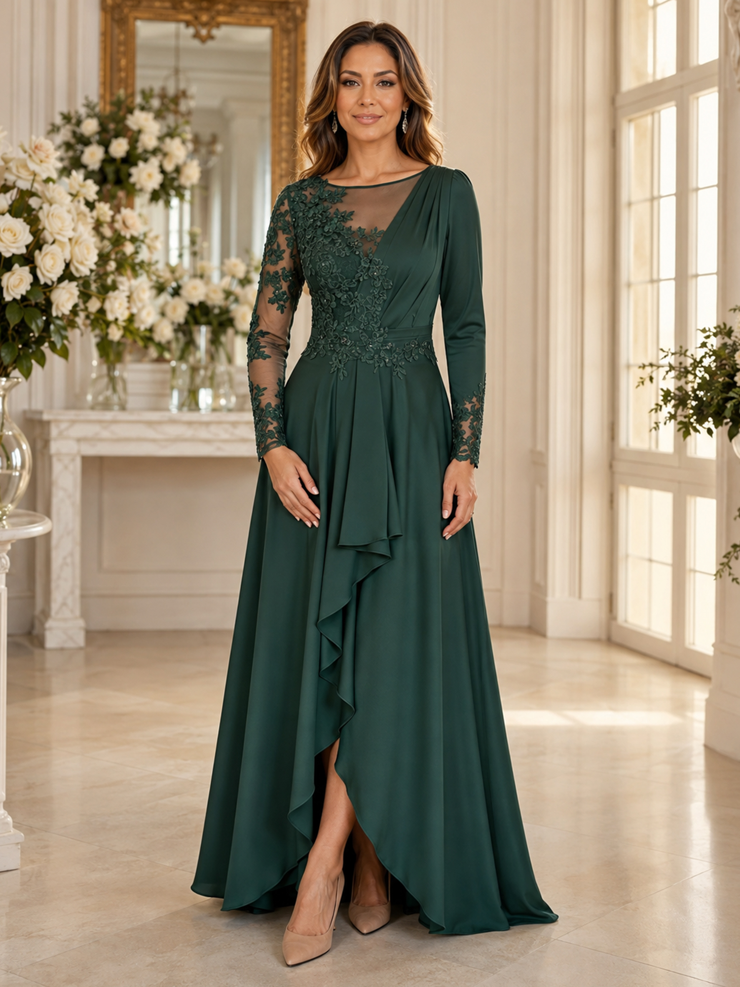 Sheer Illusion Long Sleeve Lace Applique High Slit Evening Gown