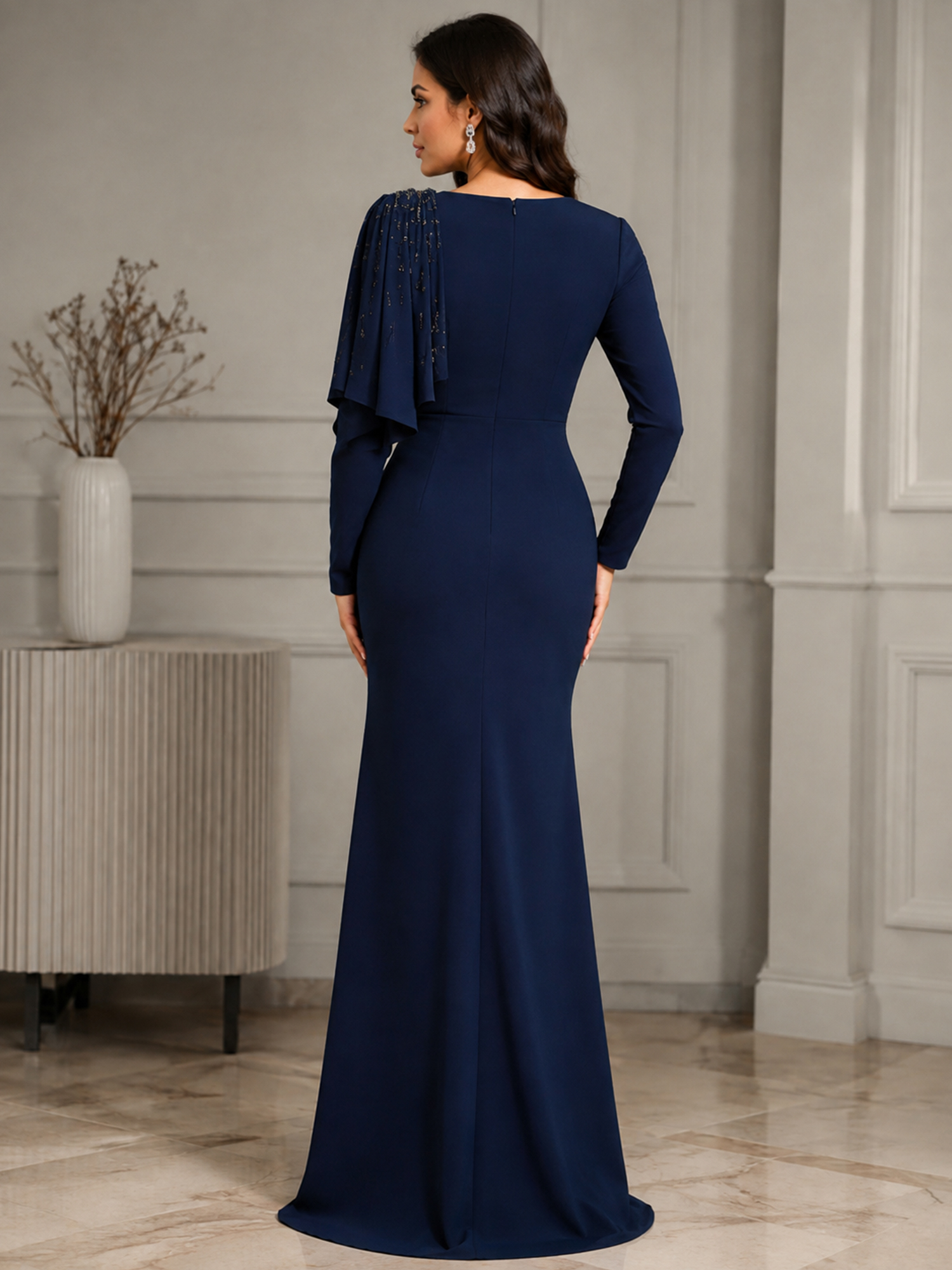 Navy Blue Long Sleeve Gown With Beaded Draped Shoulder