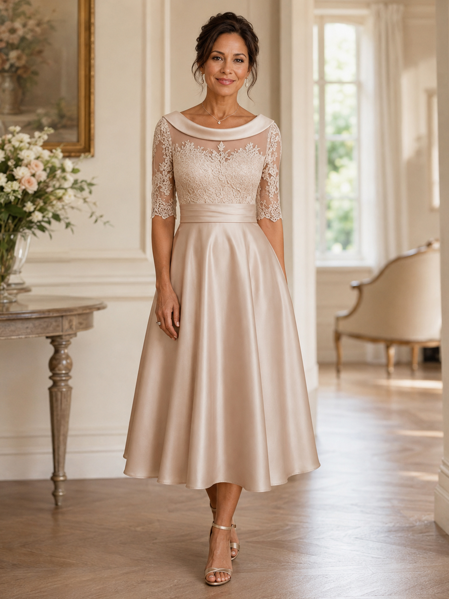 Cowl Neck Lace Applique Midi Evening Dress
