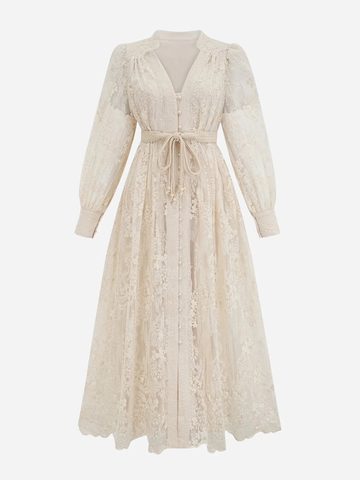 Apricot V-Neck Lace Embroidered Midi Dress