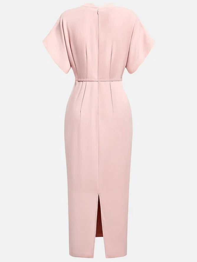 Light Blue Classic V Neck Short Sleeve Dolman Sleeve Sheath Midi Dress