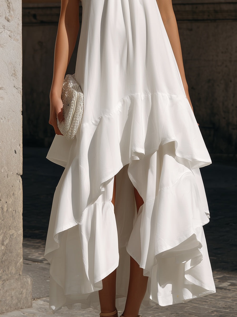 White Halter Neck Layered Ruffle High-Low Midi Dress