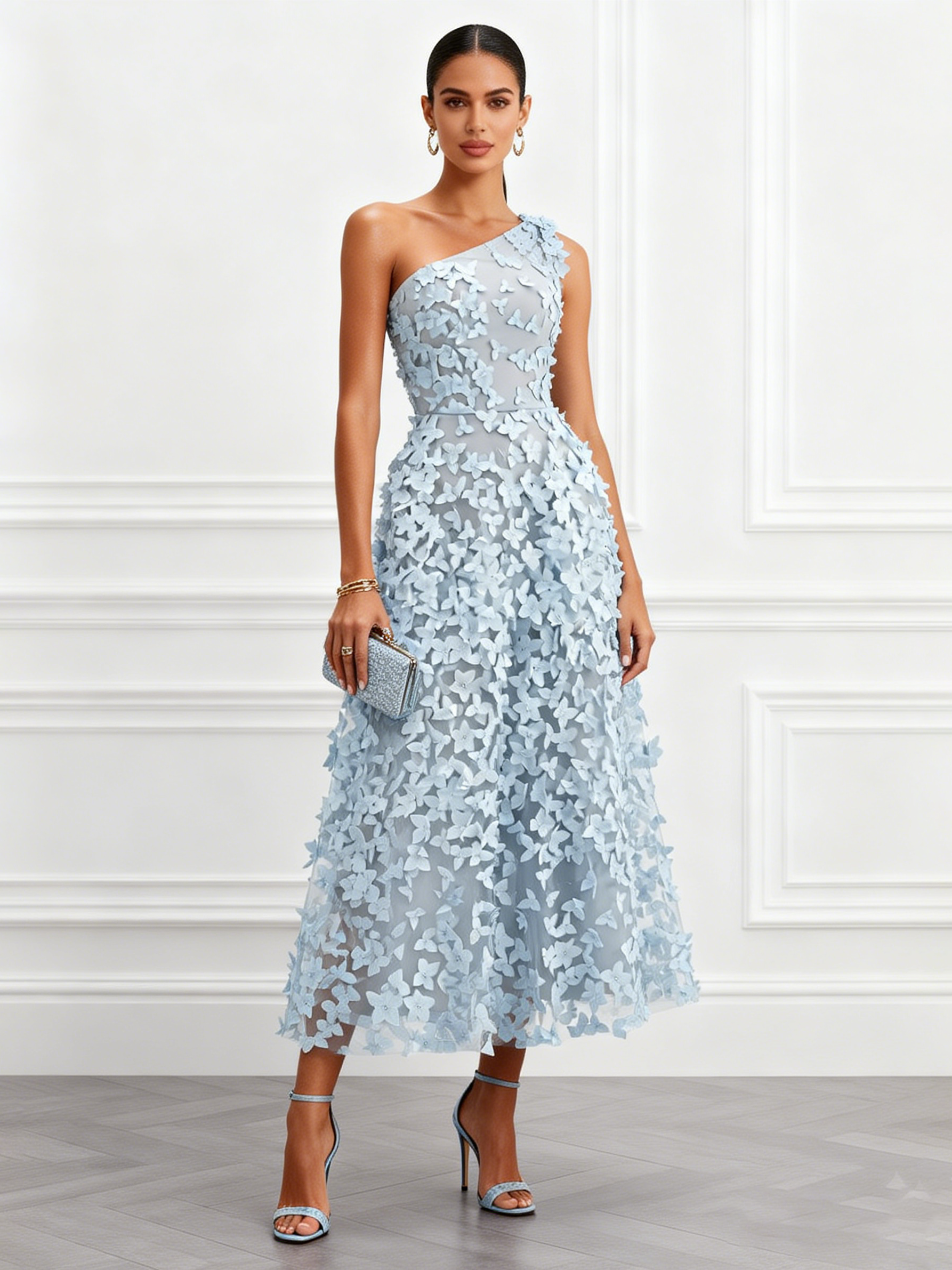 One-Shoulder 3D Floral Appliqué Midi Evening Dress