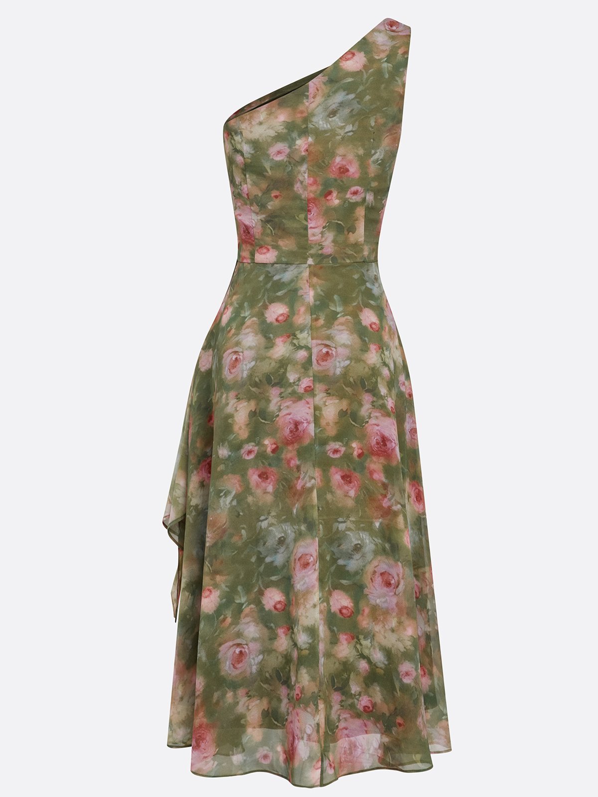 One-Shoulder Floral Print Ruched Midi Dress