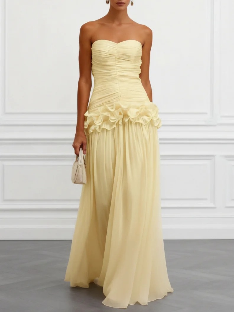 Light Yellow 3D Floral Ruched Chiffon Strapless Sleeveless A-Line Gown Dress