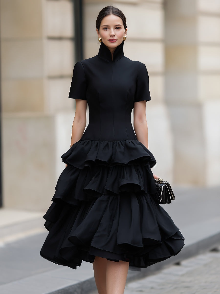 Black High Neck Tiered Ruffle Midi Dress