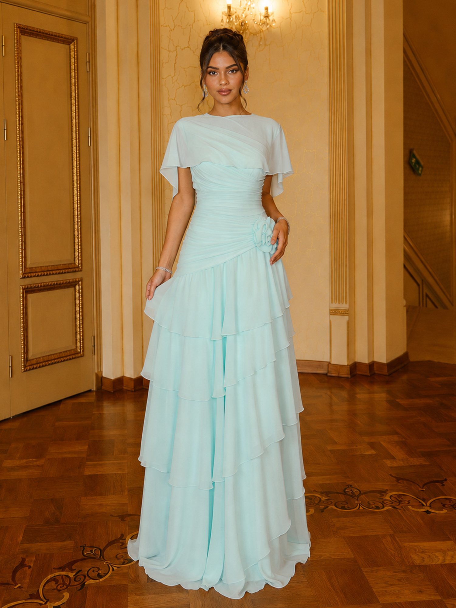 Ethereal Ruffled Chiffon Floor-Length Gown with Floral Waist Accent