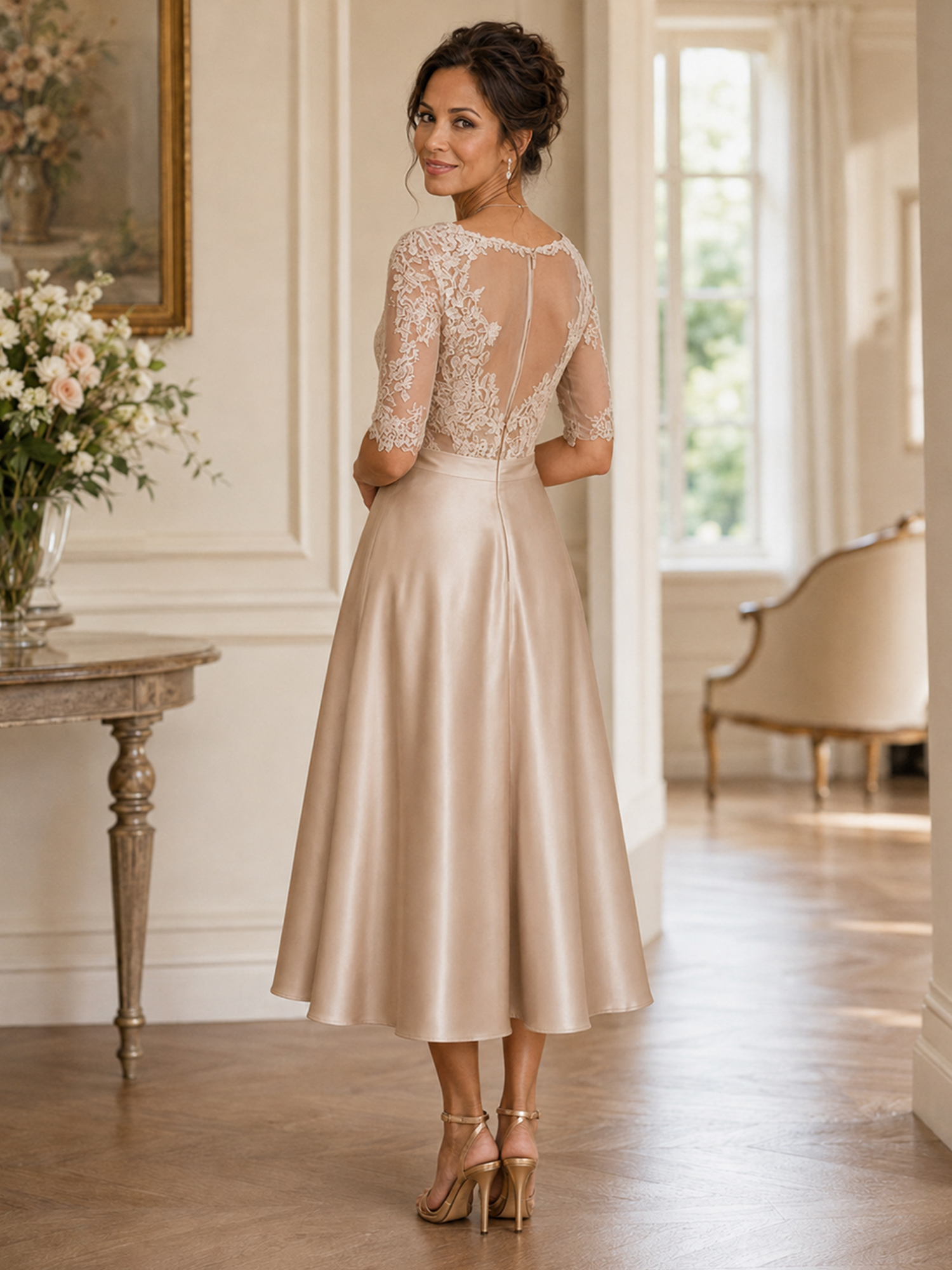 Cowl Neck Lace Applique Midi Evening Dress