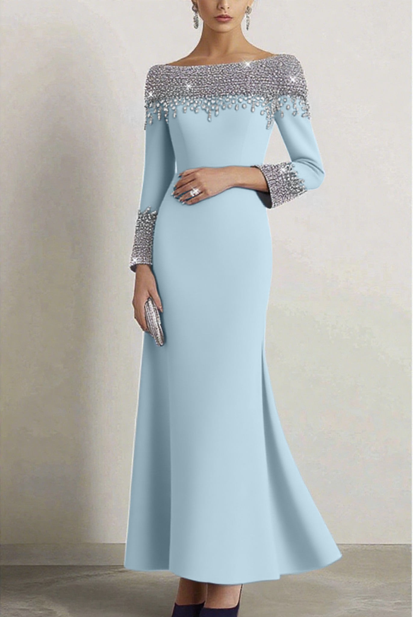 Elegant Dress Navy Boat Neck Rhinestone Maxi Dress Mother of the Bride Dress