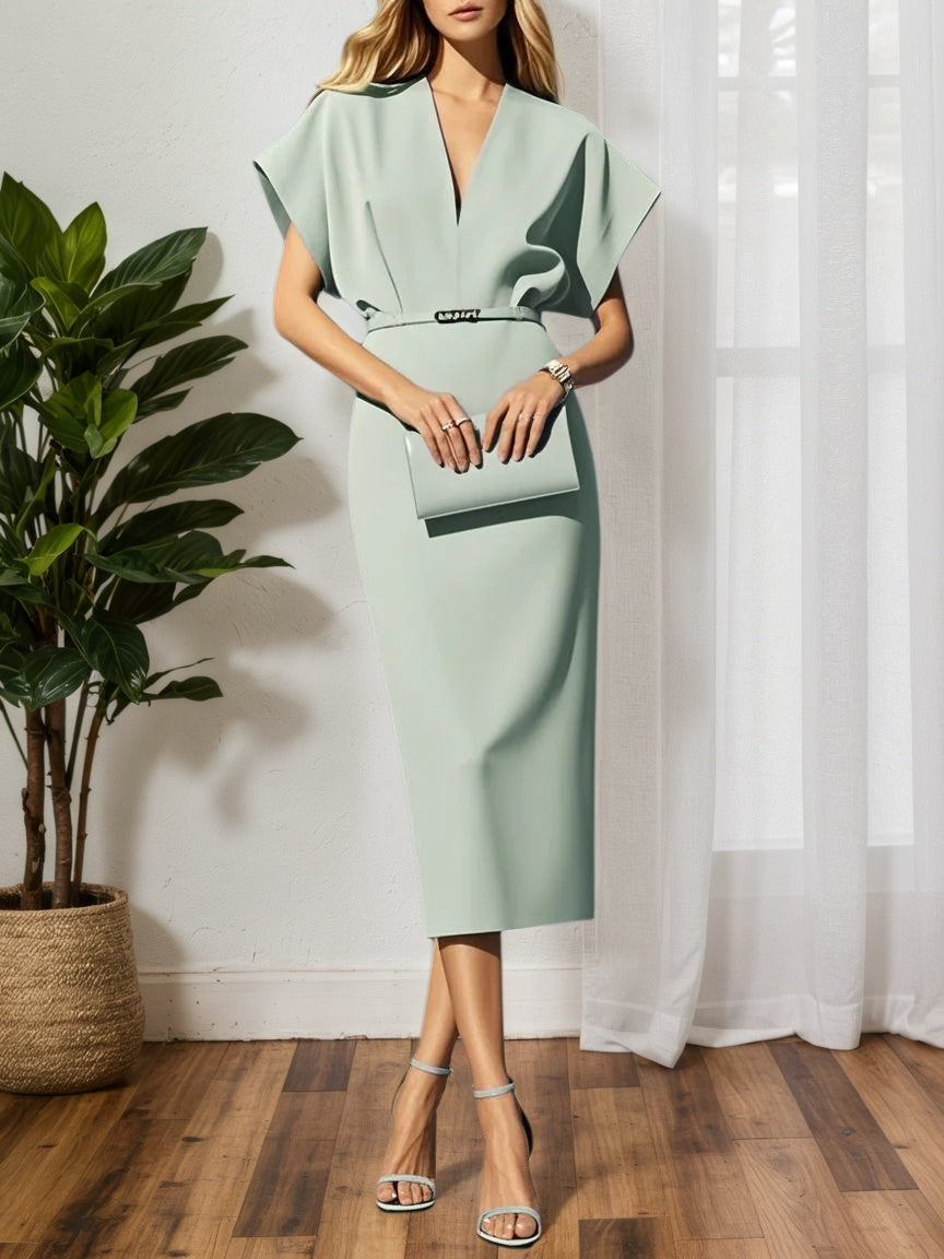 Light Blue Classic V Neck Short Sleeve Dolman Sleeve Sheath Midi Dress