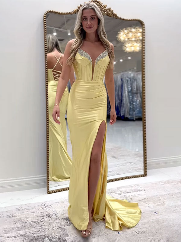 Sparkly Black Mermaid Spaghetti Straps Grey Corset Prom Dress with Slit