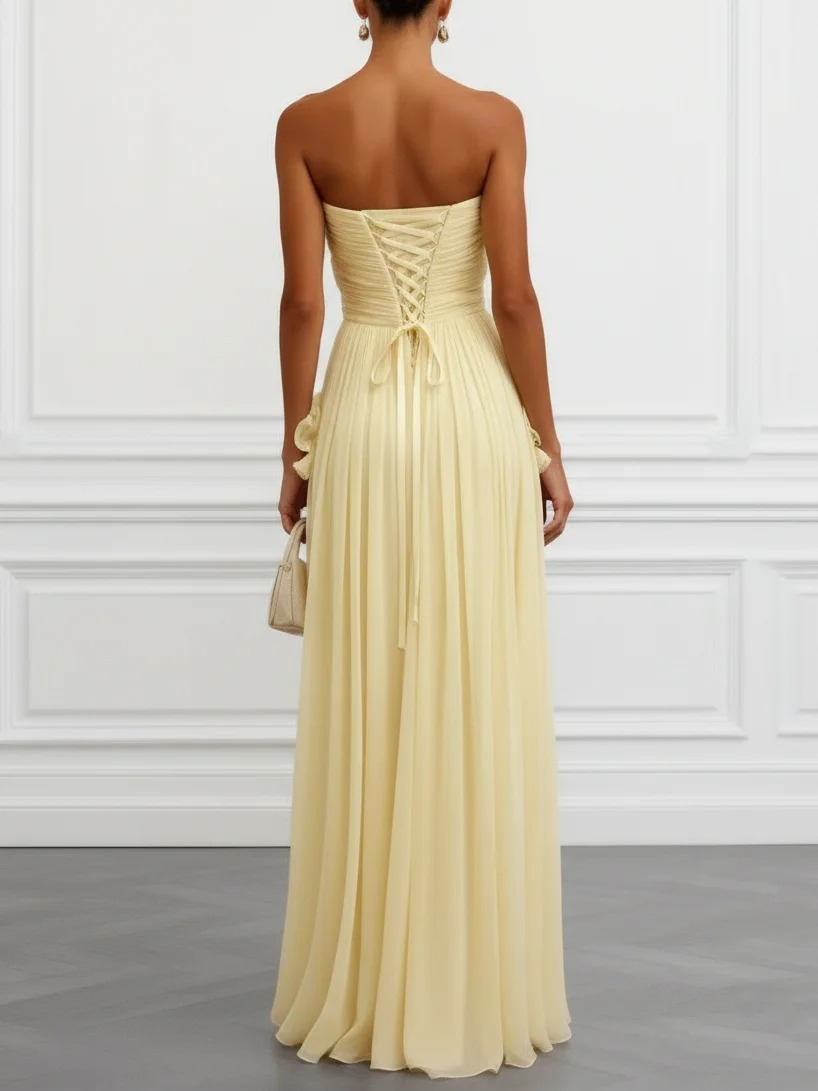 Light Yellow 3D Floral Ruched Chiffon Strapless Sleeveless A-Line Gown Dress